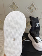 CHANEL 26S HIGH TOP PLATFORM SNEAKER BOOTS IN GREY DENIM