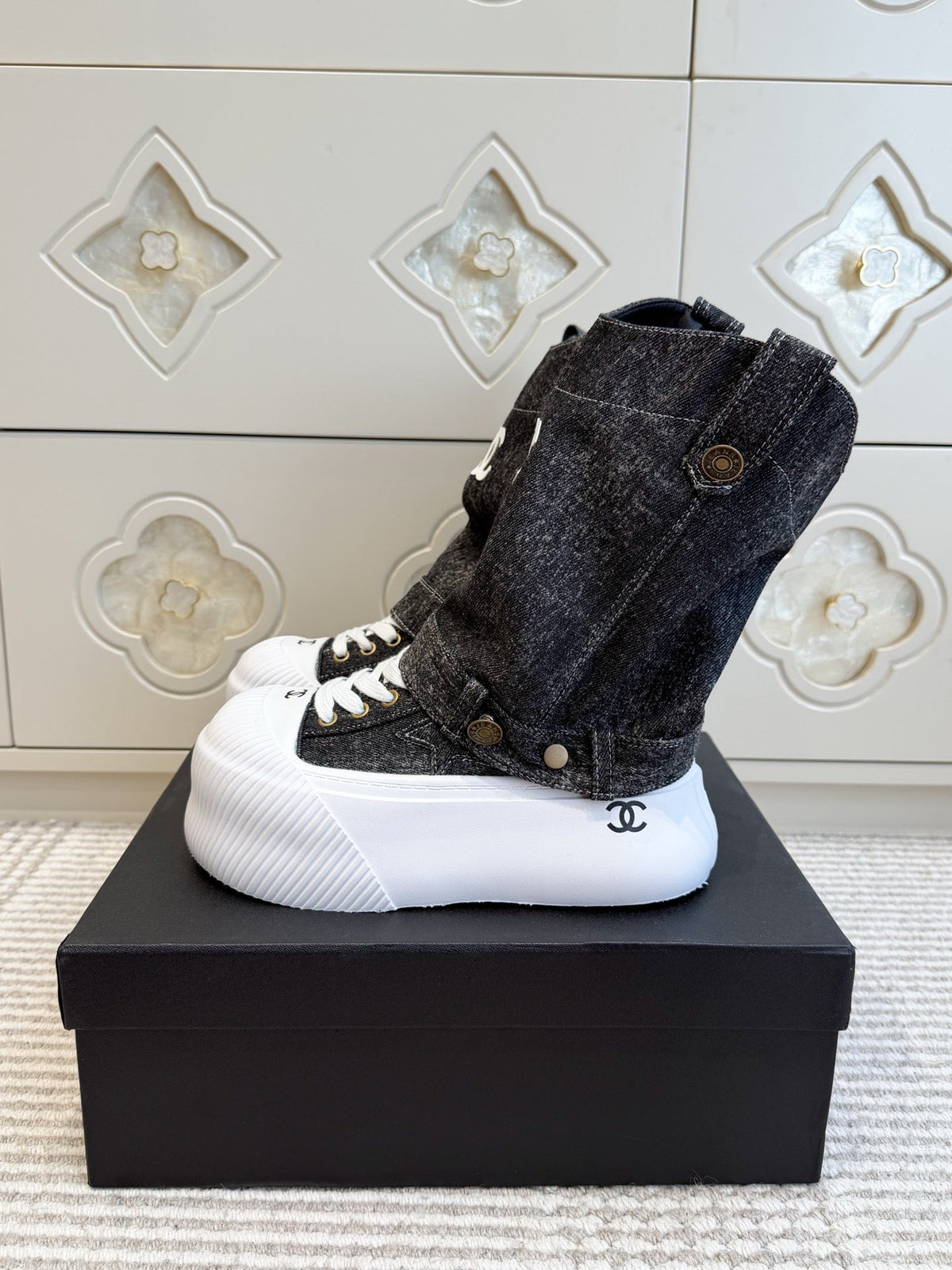 CHANEL 26S HIGH TOP PLATFORM SNEAKER BOOTS IN GREY DENIM